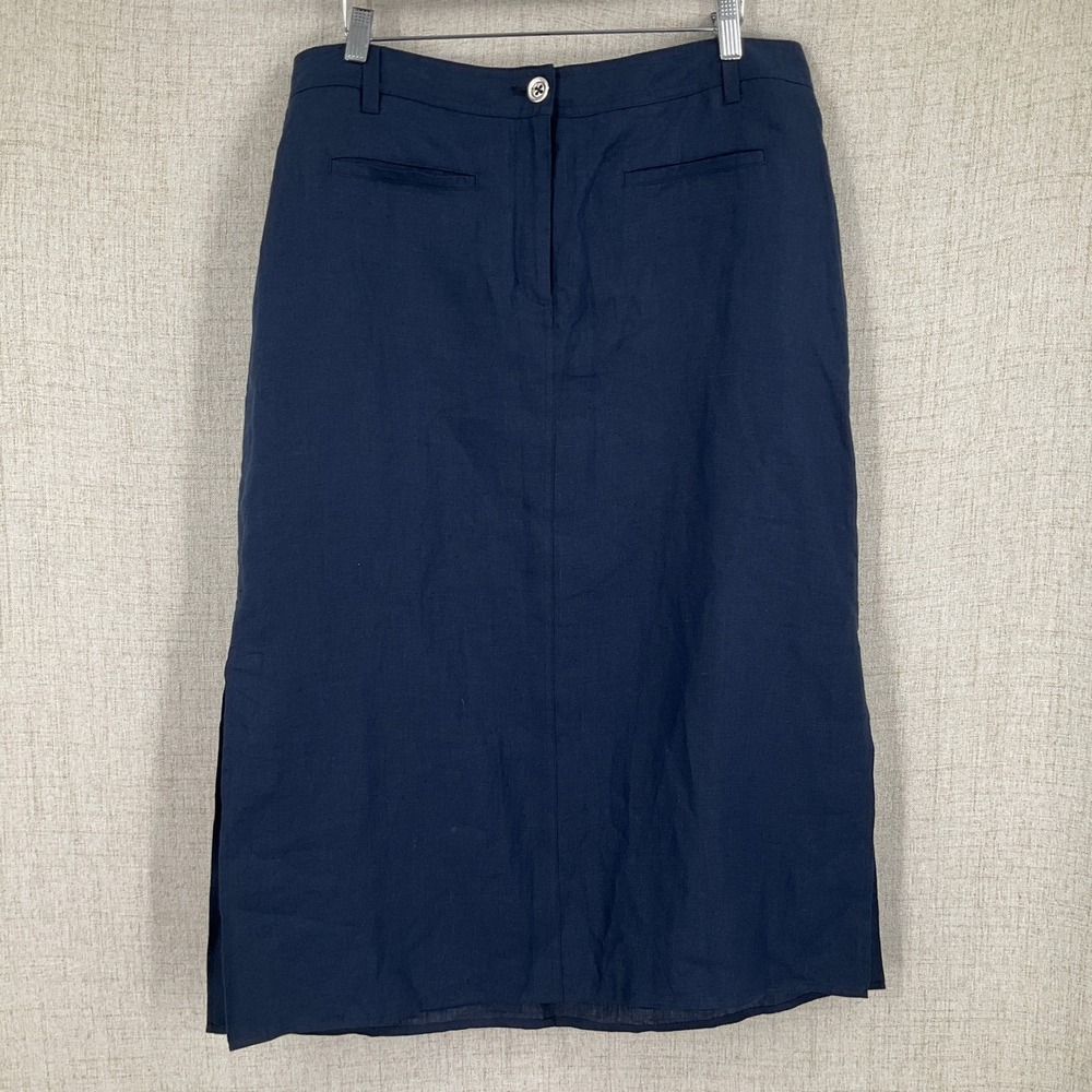 Talbots Midi Skirt Womens 14P Navy 100% Linen Classic Minimalist Coastal NEW